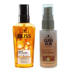 روغن مو گلیس مدل oil elixer حجم 75 میلی لیتر به همراه اسپری مو گلیس مدل total repair حجم 50 میلی لیتر